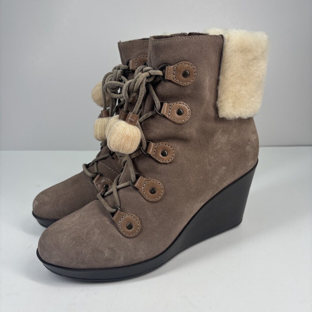 Cole Haan Air Talish Women's US 8.5B Taupe Suede Shearling Lace-Up Wedge Boots